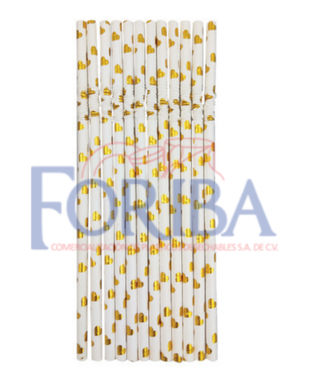 Popote Flexible Papel Corazón Dorado 